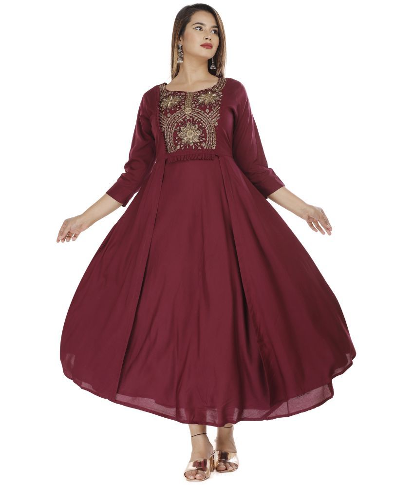     			HIGHLIGHT FASHION EXPORT Rayon Maroon Fit And Flare Dress - Single