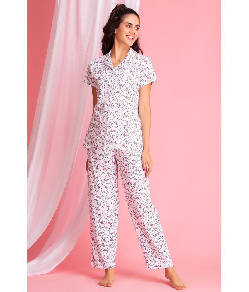     			Clovia Cotton Nightsuit Sets - White Pack of 2