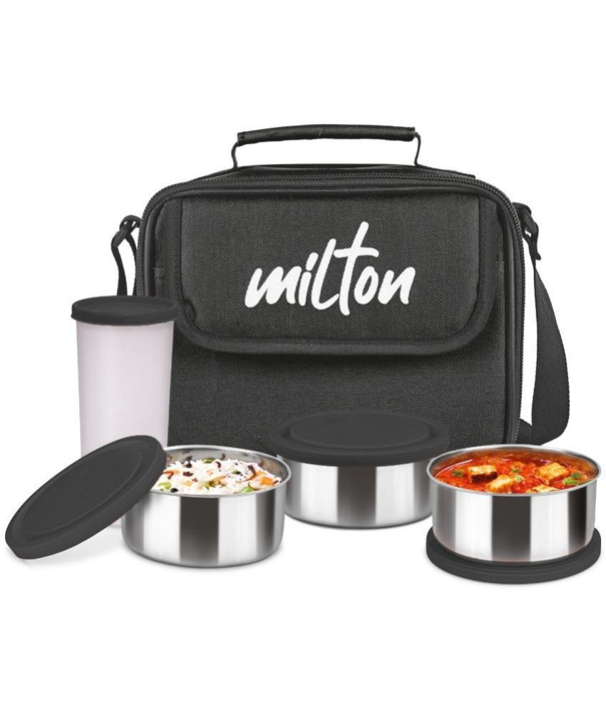     			Milton New Steel Combi Lunch Box, 3 Containers and 1 Tumbler with Jacket, Set of 4, Black | Food Grade | Light Weight | Dishwasher Safe | Easy to Carry | Leak Proof