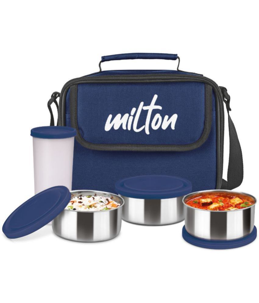     			Milton New Steel Combi Lunch Box, 3 Containers and 1 Tumbler with Jacket, Set of 4, Blue | Food Grade | Light Weight | Dishwasher Safe | Easy to Carry | Leak Proof
