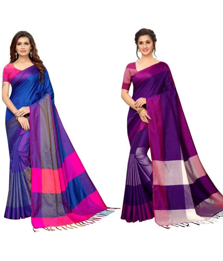     			NightBlue - Blue Cotton Saree With Blouse Piece ( Pack of 2 )