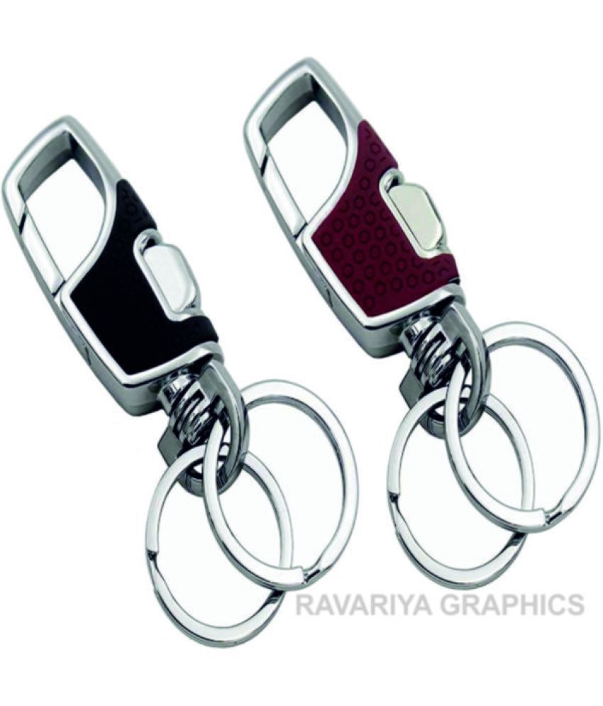     			RAVARIYA GRAPHICS Omuda Hook Locking Double Rings Metal and Leather Keychain 2 PCS SET