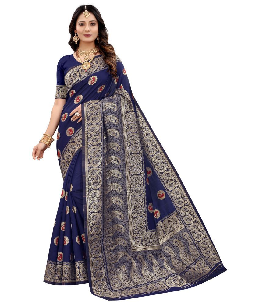     			NENCY FASHION - Blue Banarasi Silk Saree With Stitched Blouse ( )