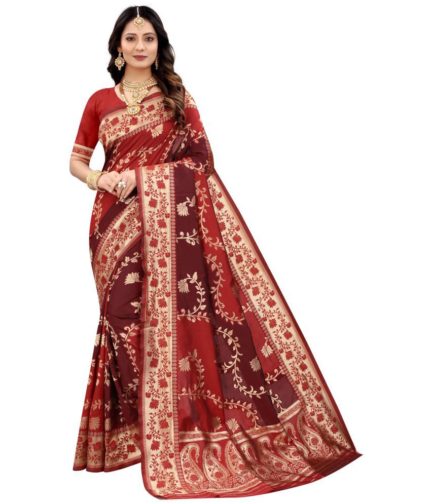 NENCY FASHION - Red Banarasi Silk Saree With Stitched Blouse ( )