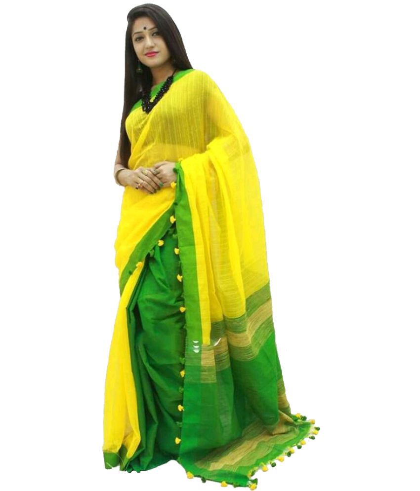     			Handloom Cotton Silk Yellow With Blouse Piece Saree -