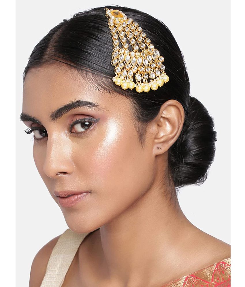     			I Jewels 18k Gold Plated Mughal Beautiful Long Pearl Kundan Jhumar Passa/Jhoomar Maang Tikka for Women (T2054FL)