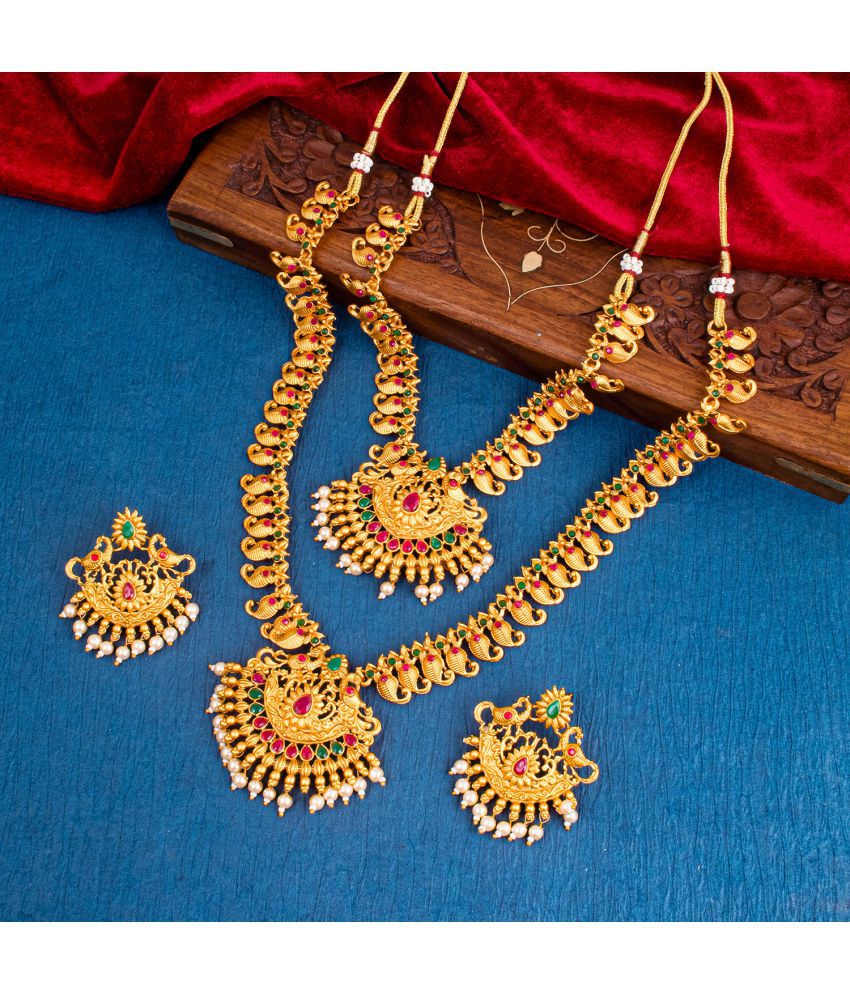     			Sukkhi Brass Golden Traditional Necklace set Combo Long Haram