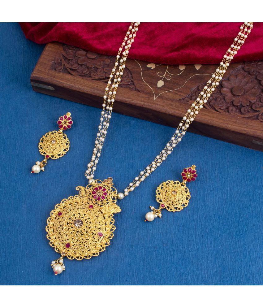     			Sukkhi Brass Golden Traditional Necklaces Set Long Haram