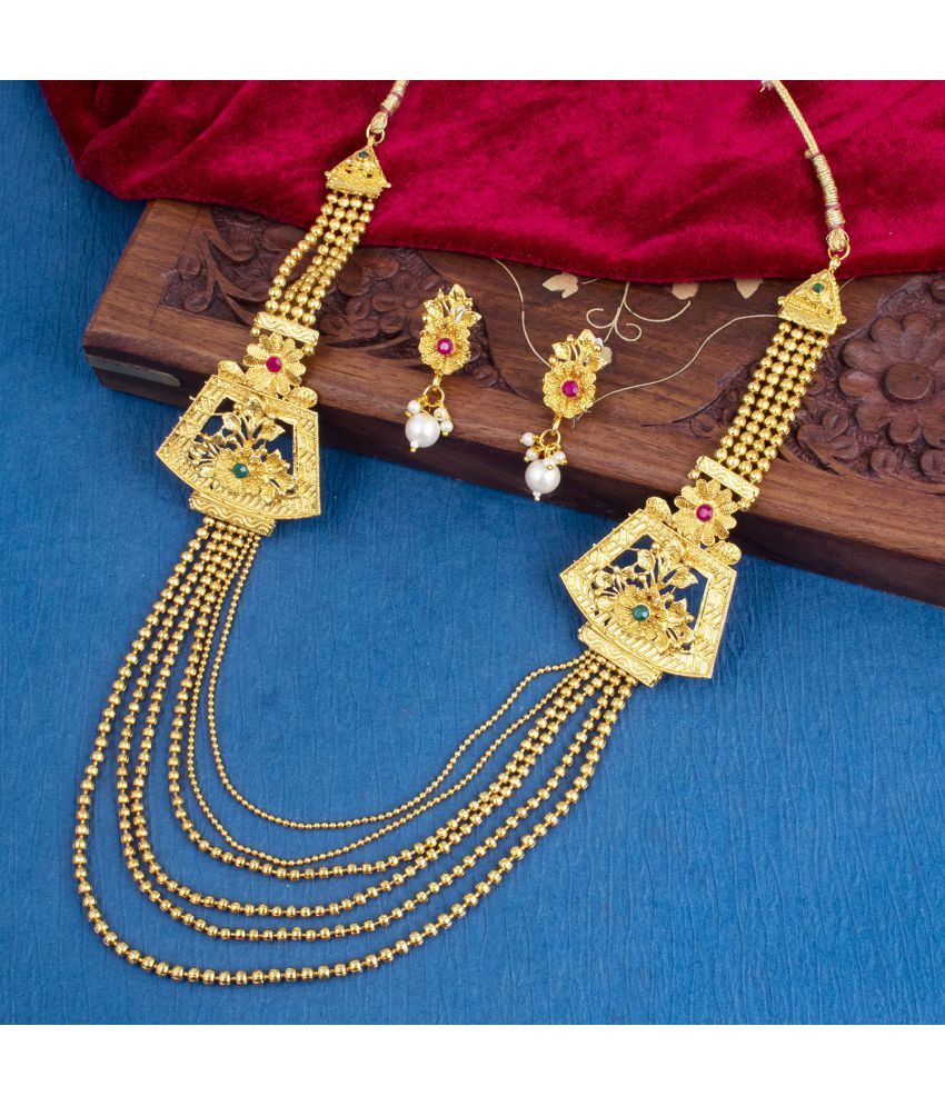     			Sukkhi Brass Golden Traditional Necklaces Set Long Haram