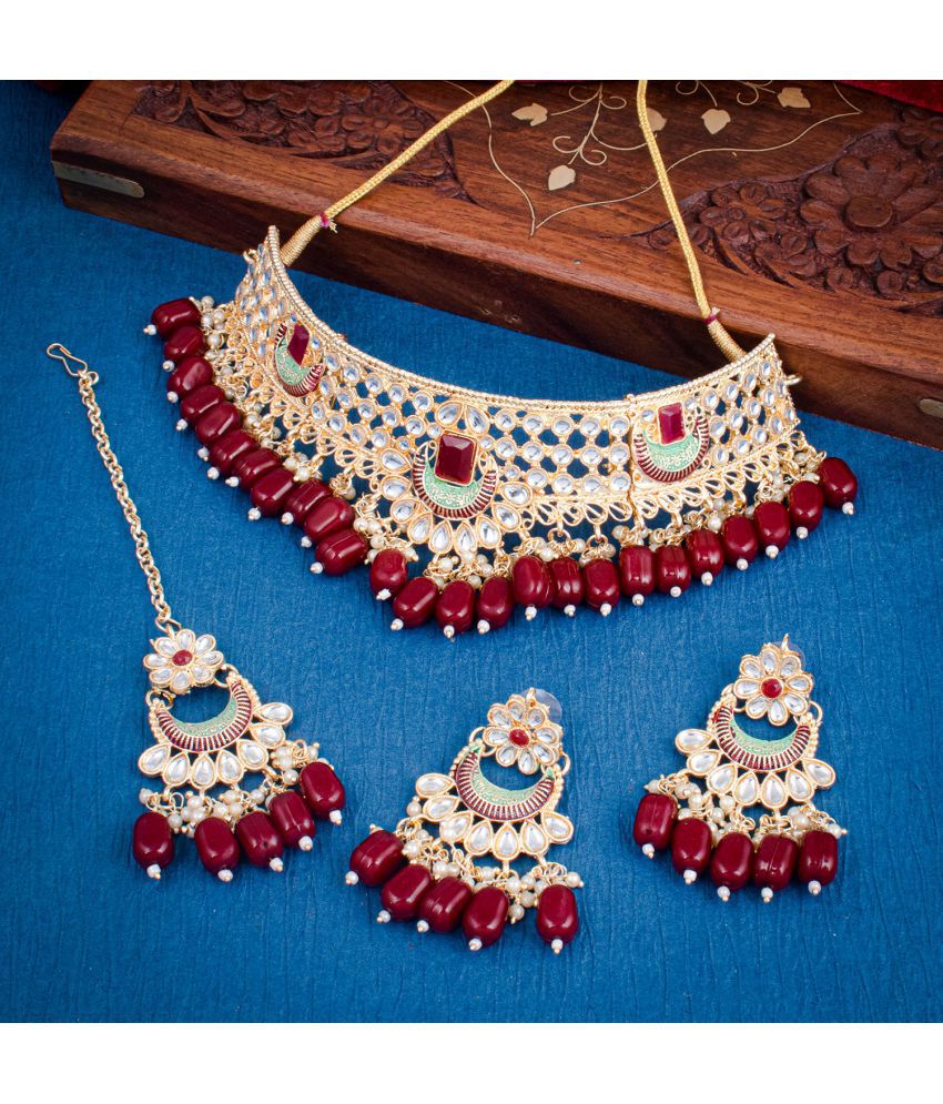     			Sukkhi Brass Maroon Traditional Necklaces Set Choker