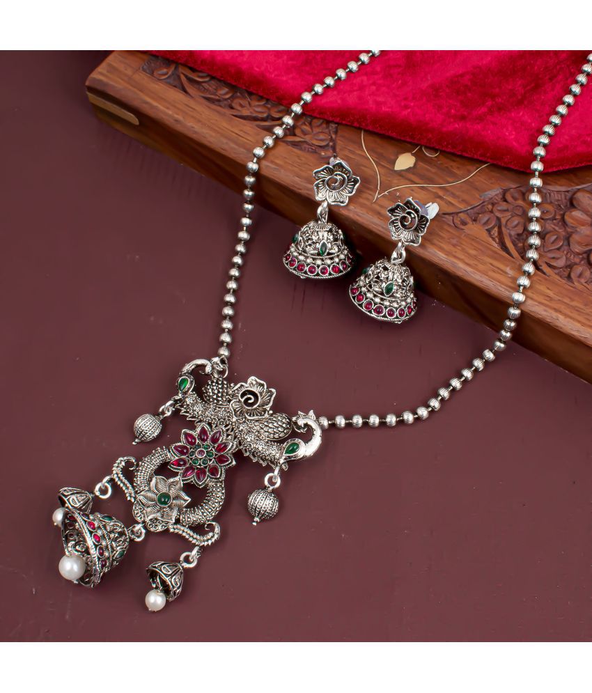     			Sukkhi Brass Silver Traditional Necklaces Set Long Haram