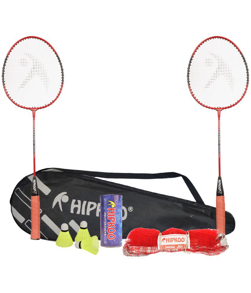     			Hipkoo Sports HR 16 Aluminum Badminton Complete Racquets Set | 2 Wide Body Racket, 3 Shuttlecocks and Net | Ideal for Beginner | Lightweight & Sturdy (Red, Set of 2)