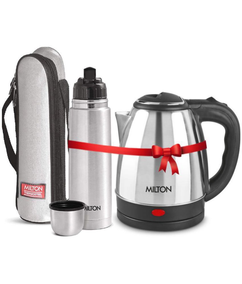 Milton Combo Set Go Electro 1.2 Ltrs Electric Kettle and Flip Lid 1 Ltr- Silver Thermosteel Hot or Cold Stainless Steel Water Bottle with Jacket