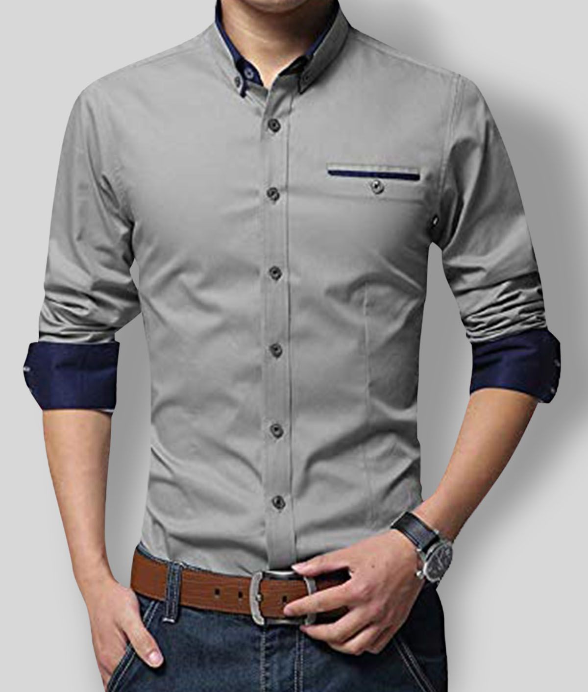 P&V - Cotton Blend Regular Fit Grey Men's Casual Shirt (Pack of 1)