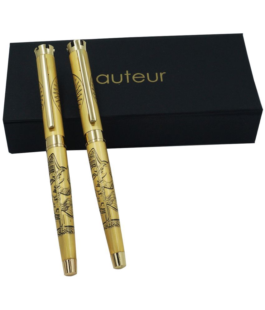     			auteur Crown Golden Color 2 Pcs Attractive Medium Nib Fountain Ink Pen & Roller Ball Pen ( Blue Ink ) With Shiva & Shakti Blessings Engraved Beautifully In Ardhnareshwar Roop , Brass Body Gift Set For Men & Women Professional Executive Office, Nice Pens .