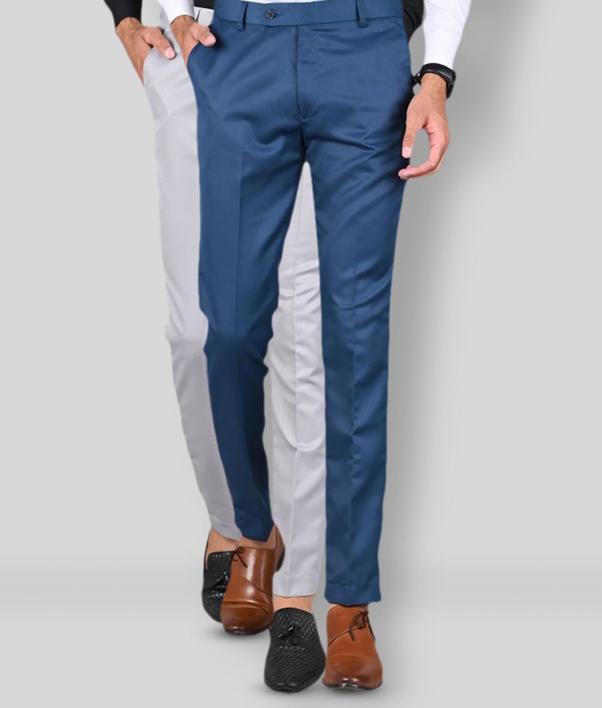     			MANCREW - Blue Polycotton Slim - Fit Men's Formal Pants ( Pack of 2 )
