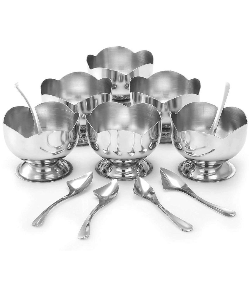 Lyzton Multipurpose Set Of 6 Stainless Steel Lotus Design Dessert Cups & Serving Bowl For Ice cream , Salad , Fruit & Pudding ( Stainless Steel - Silver )