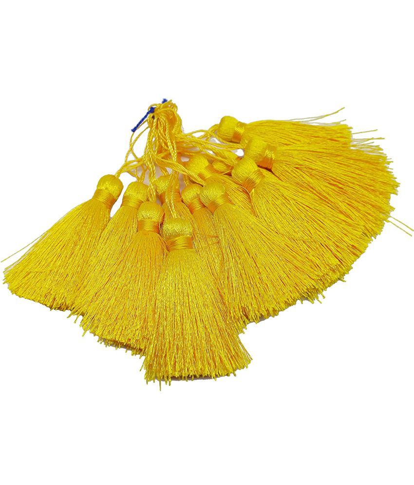     			PRANSUNITA 12 PCS Silky Floss Craft Handmade Tassels with Loop for Souvenir, Bookmarks, Accessory Charms Jewelry Making Earring Findings Bracelet Pendant & Clothing sewing Accessories. (Size - 6 cm)- Color- Golden Yellow