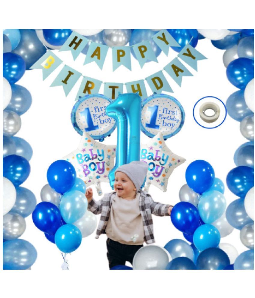     			Blooms Event Baby Boy 1st Birthday Theme Decorations Kit Combo (47 Pcs ) Blue Bday Banner, one number Foil Balloon Set, Glue Dot & 40 Pcs Metallic Balloons