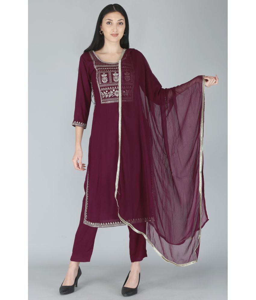     			HIGHLIGHT FASHION EXPORT - Maroon Straight Rayon Women's Stitched Salwar Suit ( Pack of 3 )