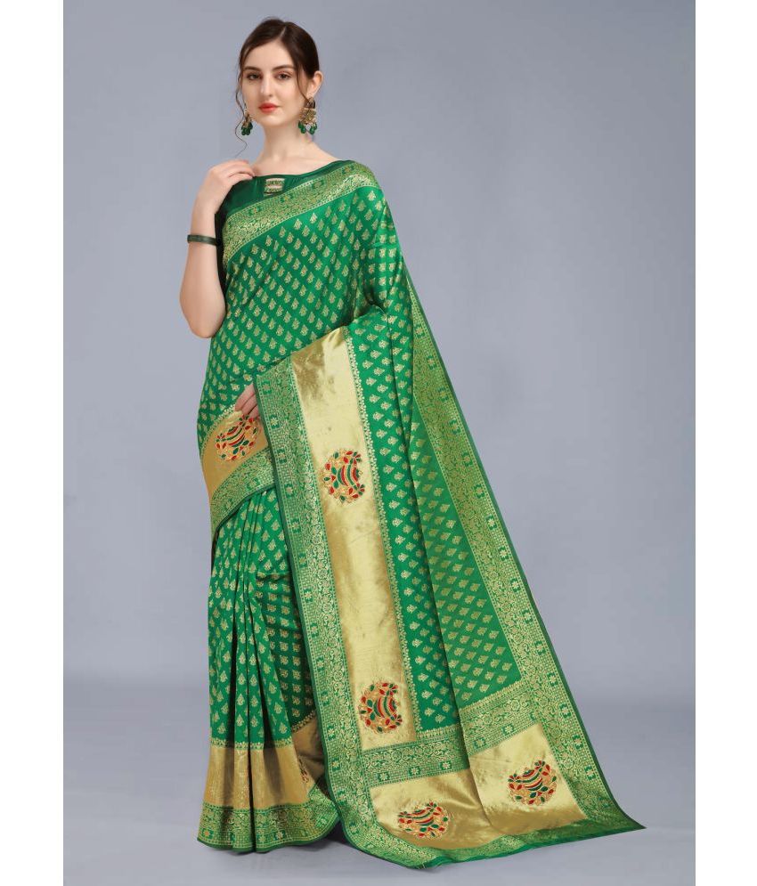 OFLINE SELCTION - Green Jacquard Saree With Blouse Piece ( Pack of 1 )