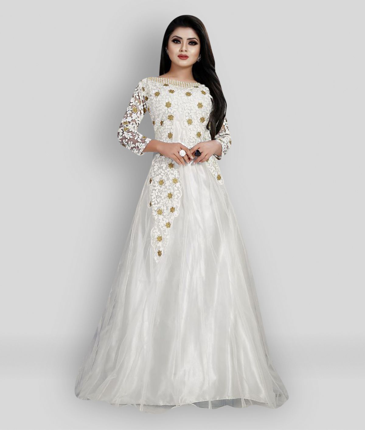     			Apnisha - White A-line Net Women's Stitched Ethnic Gown ( Pack of 1 )
