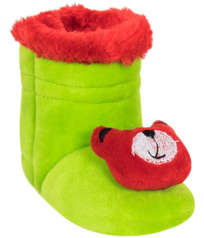     			Neska Moda 6 To 9 Months Baby Boys & Girls Teddy And Frog Face Velvet Baby Booties (Green) -BT814