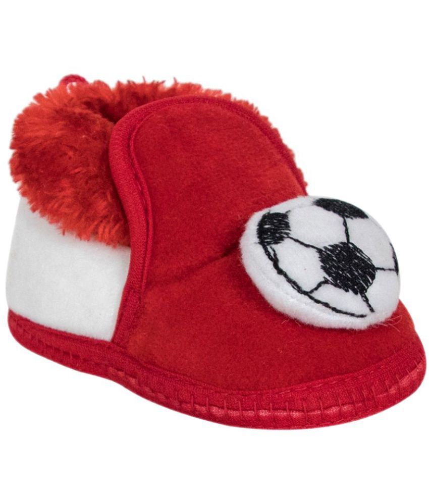     			Neska Moda 6 To 9 Months Baby Boys & Girls Football And Lion Face Velvet Baby Booties (White,Red) -BT807