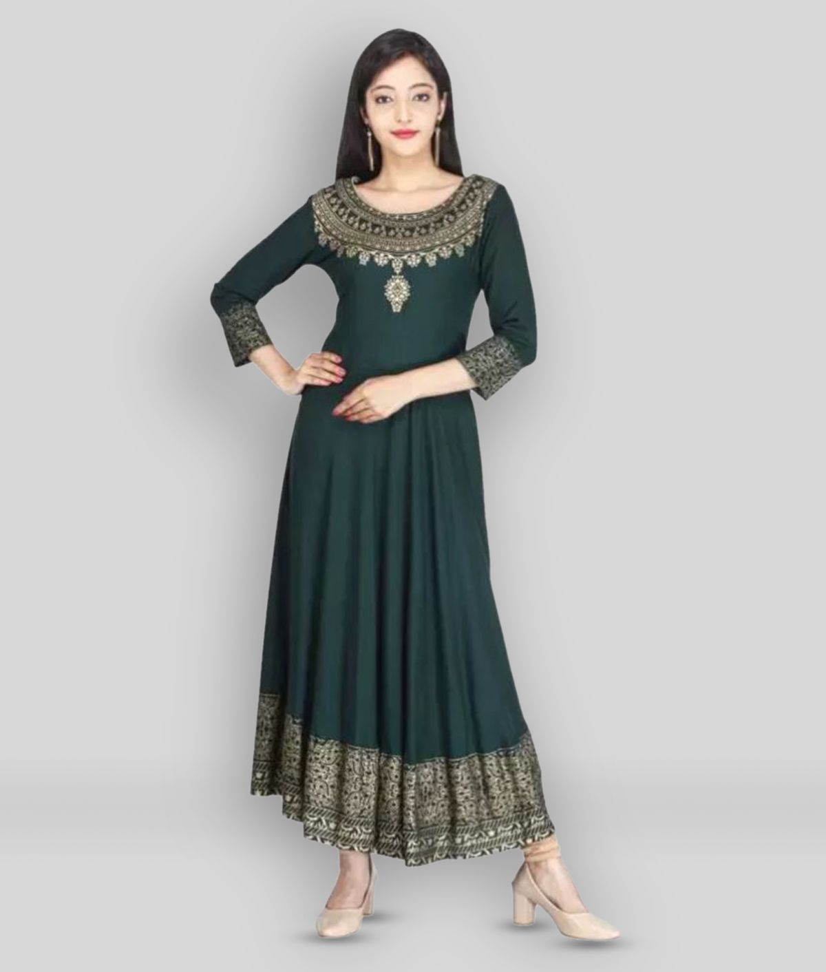 VESTIMENTO - Green Anarkali Cotton Women's Stitched Ethnic Gown ( Pack of 1 )
