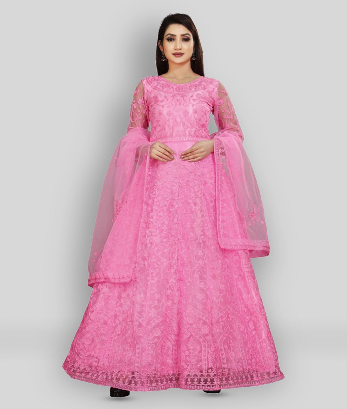     			Apnisha - Pink Flared Net Women's Stitched Ethnic Gown ( Pack of 1 )