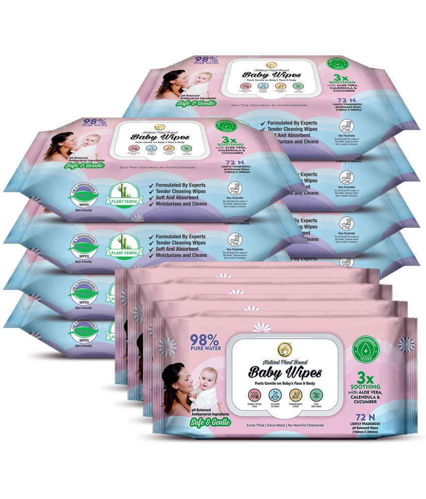 Mom & World Natural 98% Pure Water Baby Wipes, Plant Based , 3X Soothing With Aloe Vera, Calendula & Cucumber, pH Balanced, Extra Thick | Extra Moist, 72 N Wipes x Pack of 12