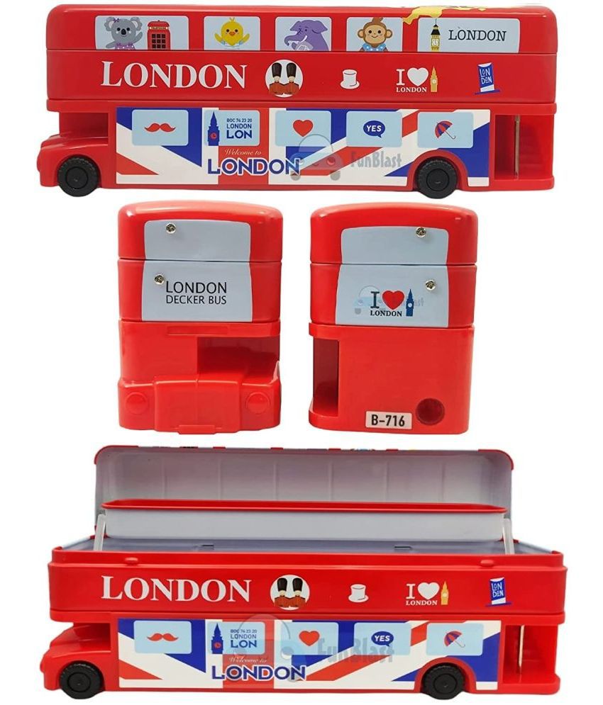     			FunBlast Cartoon Bus Toy Metal Pencil Box with Moving Tyres & Sharpener for Kids Bus Geometry Box (London Bus Red))
