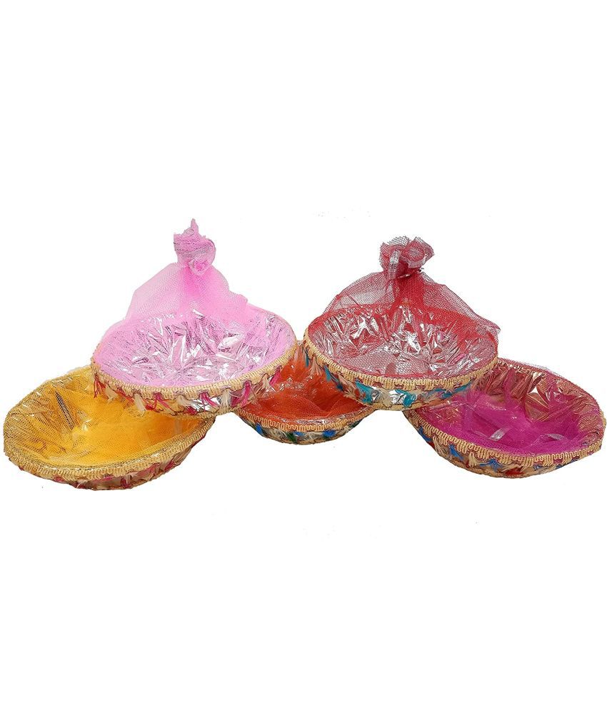     			PRANSUNITA Handmade Decorated Gift Basket with Readymade Net Packing – (Size 12 inch round) - Fancy Gift Packaging for Room Hampers, Wedding Packing, Fruit, Dry fruit, Birthday, Baby Shower