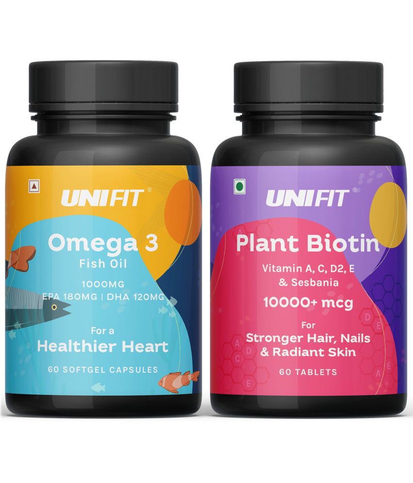     			Unifit Plant Biotin Tablets & Omega 3 Fish Oil 1000mg Capsules for Skin glow, Healthy Heart for Men & Women (120 Tablets Combo Pack)