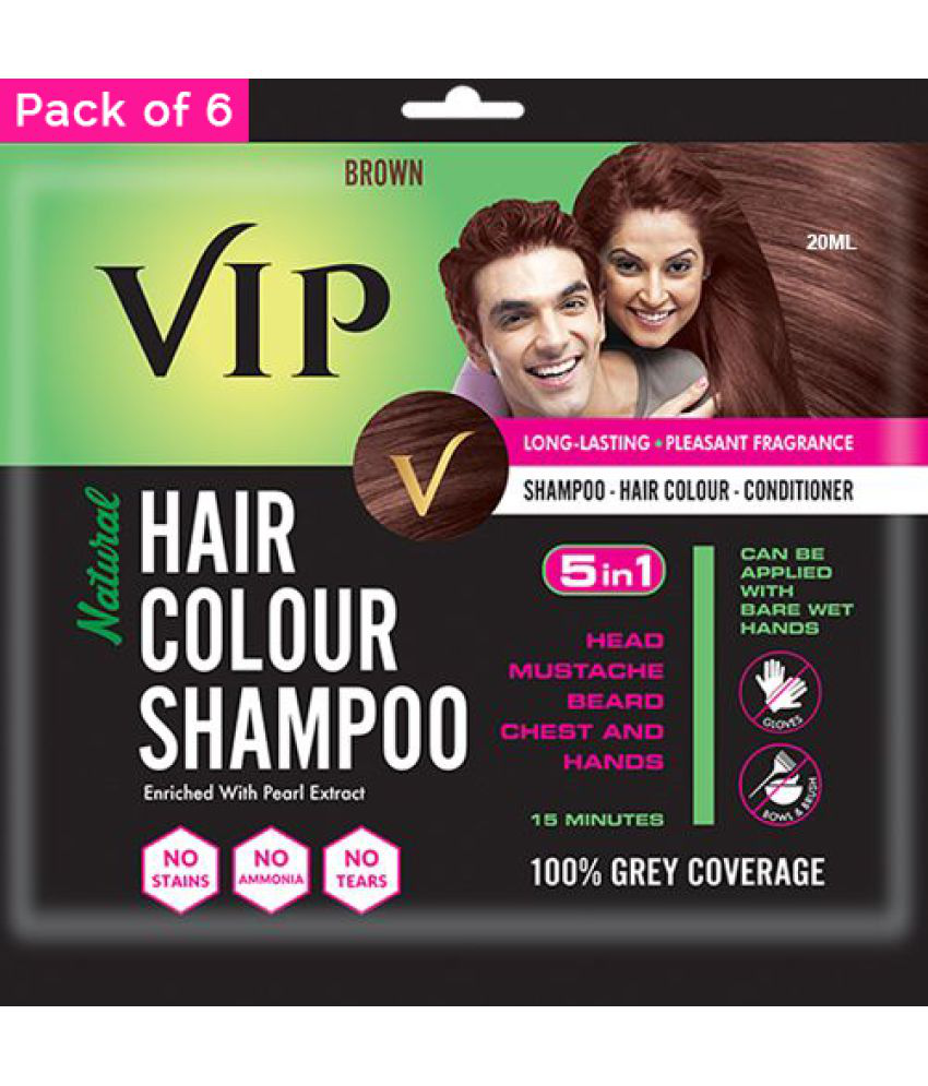    			VIP Hair Colour Shampoo, Brown, 20ml, Pack of 6, 100% Grey Hair Coverage