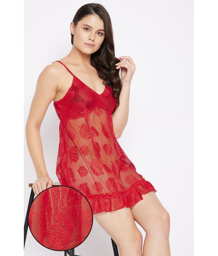     			Clovia Lace Baby Doll Dresses With Panty - Red