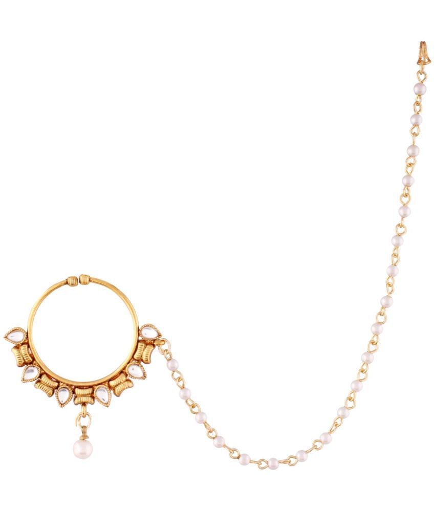     			I Jewels Gold Plated Bridal Nose Ring/Nath Pearl Chain Kundan & Stones (NL05)