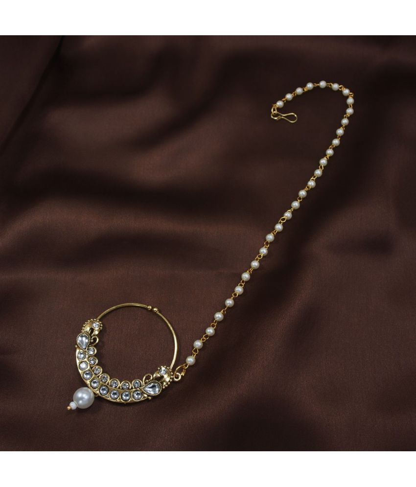     			I Jewels Gold Plated Traditional Ethnic Bridal Nose Ring/Nath Chain with Pearl Stone(NL42W)