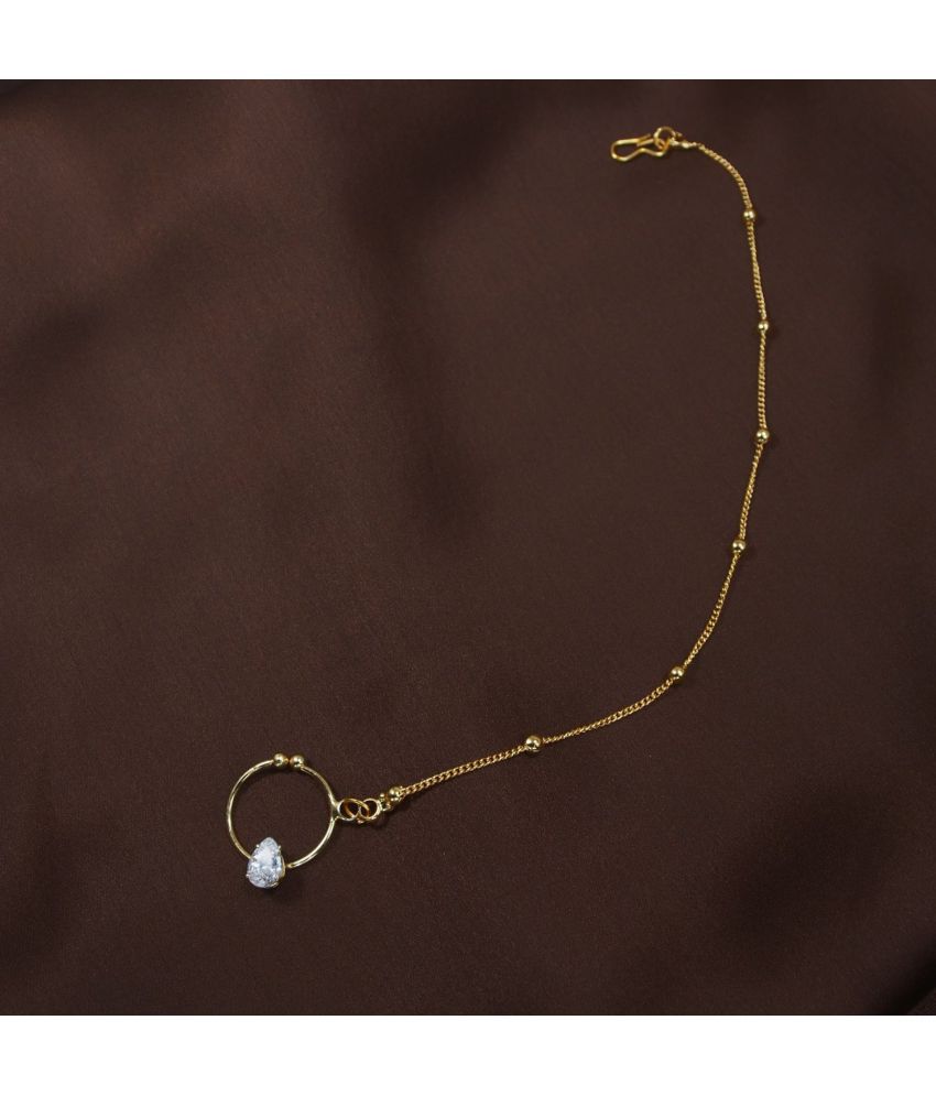     			I Jewels Gold Plated Traditional Bridal Nose Ring/Nath Pearl Chain Encased with Stone (NL44W)