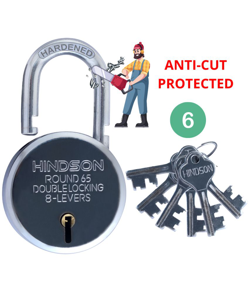     			Hindson lock and key, door lock link round 65mm 6 key lock for home , gate, shutter padlock