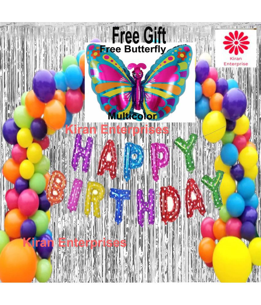     			Kiran Enterprises Happy Birthday Foil Letter Balloon ( Multi ) + 2 Fringe Curtain ( Silver ) + 30 Metallic Balloon ( Multi ) + Free Butterfly Foil Balloon