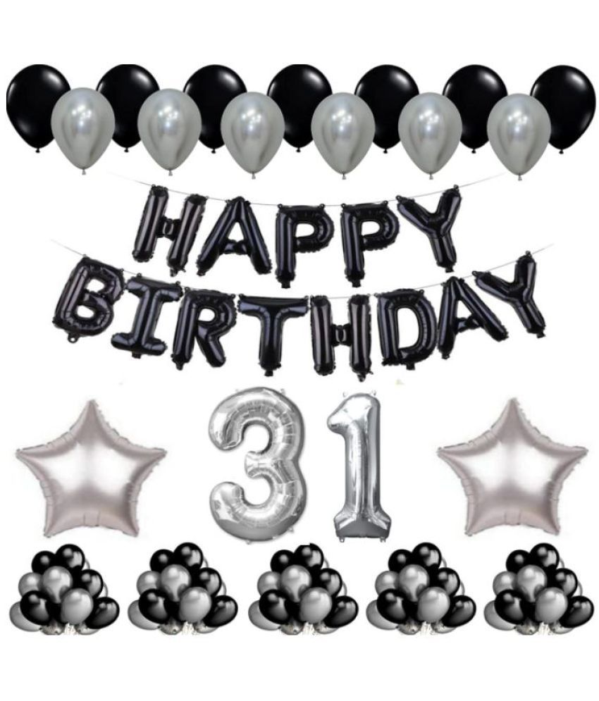     			Shopyo    1 Set Happy Birthday Foil Balloons     Black Color , 2 Pcs silver  Foil Star , 50 Pcs Metallic Balloons   (Black &  Silver ), 3 1 No. Foil Number Silver
