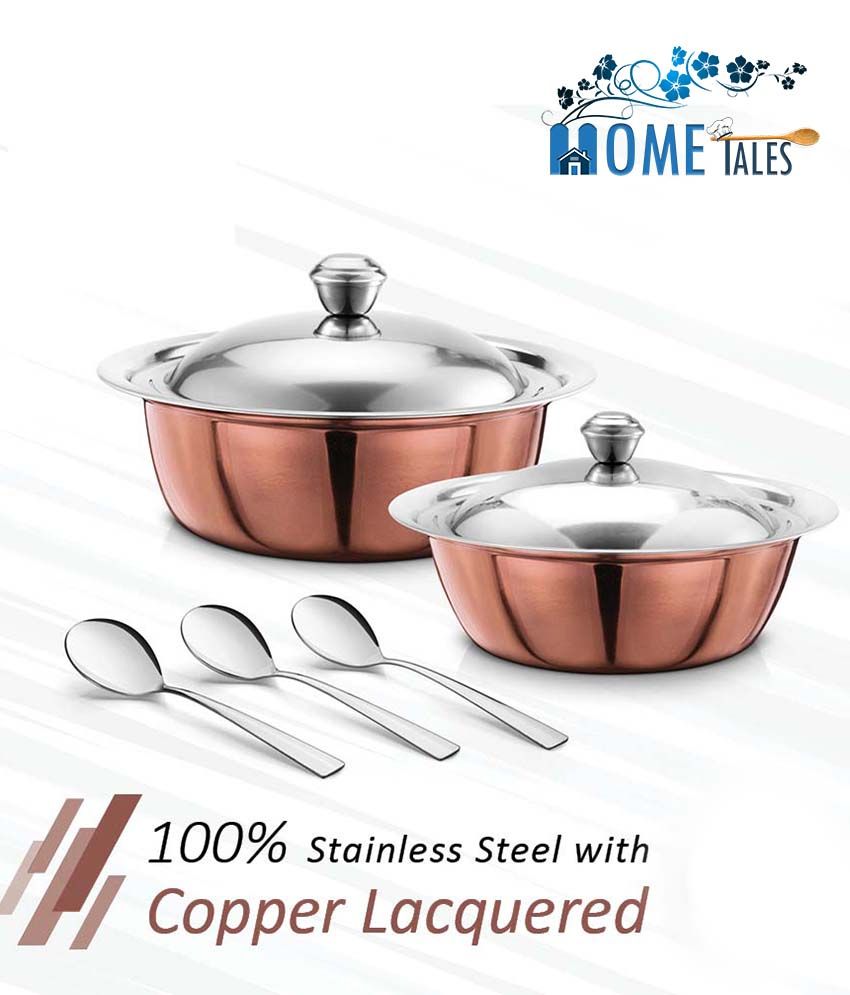 HOMETALES Stainless Steel Serving Handi Set (3 U Handi with Lid & 3 U