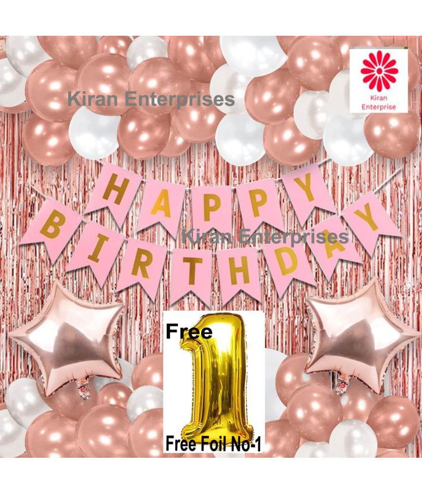     			Kiran Enterprises Happy Birthday Banner ( Pink ) + 2 Fringe Curtain ( Rosegold ) + 2 Foil Star ( Rosegold ) + 30 Metallic Balloon  ( Rosegold, White ) + Free Foil No- 1