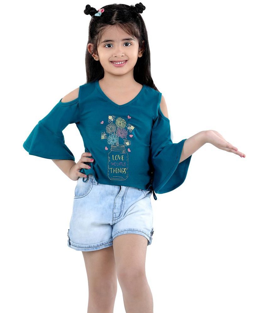     			Naughty Ninos - Teal 100% Cotton Girls Top With Shorts ( Pack of 2 )