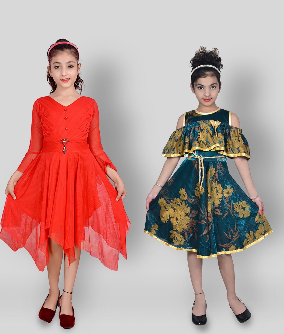     			Sky Heights - Red & Green Lycra Girl's Asymmetric Dress ( Pack of 2 )