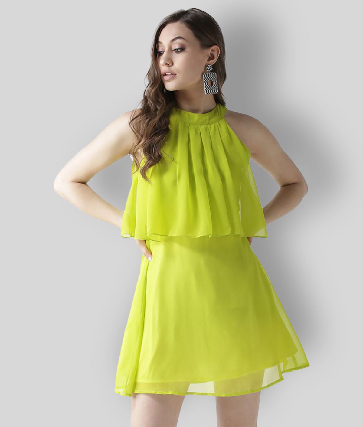 La Zoire - Lime Green Georgette Women's A-line Dress ( Pack of 1 )