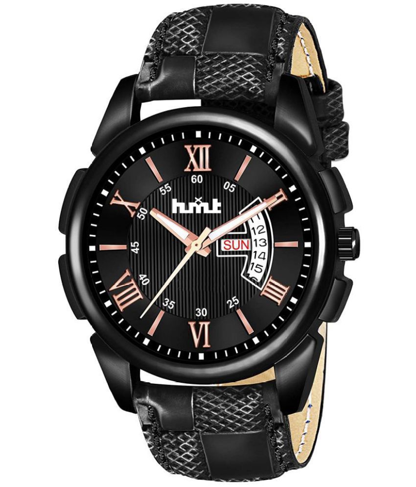     			HMXT - Black Leather Analog Men's Watch