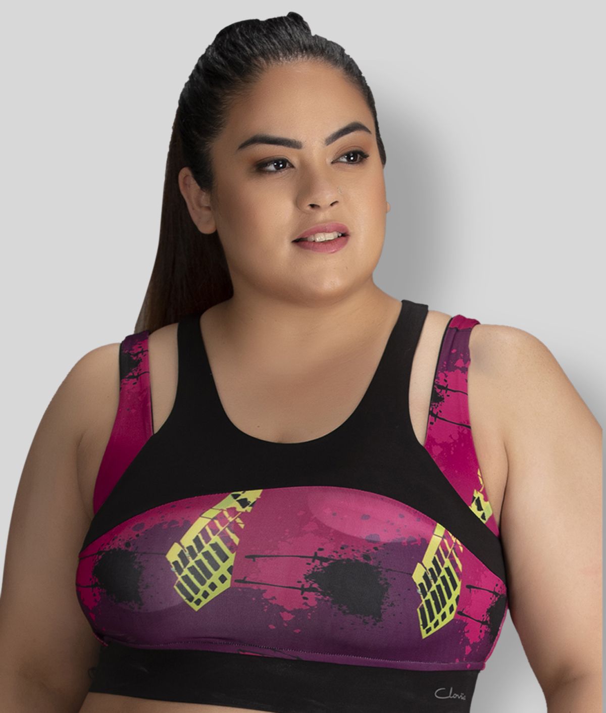     			Clovia Pink Polyester Geometrical Sports Bra - Single