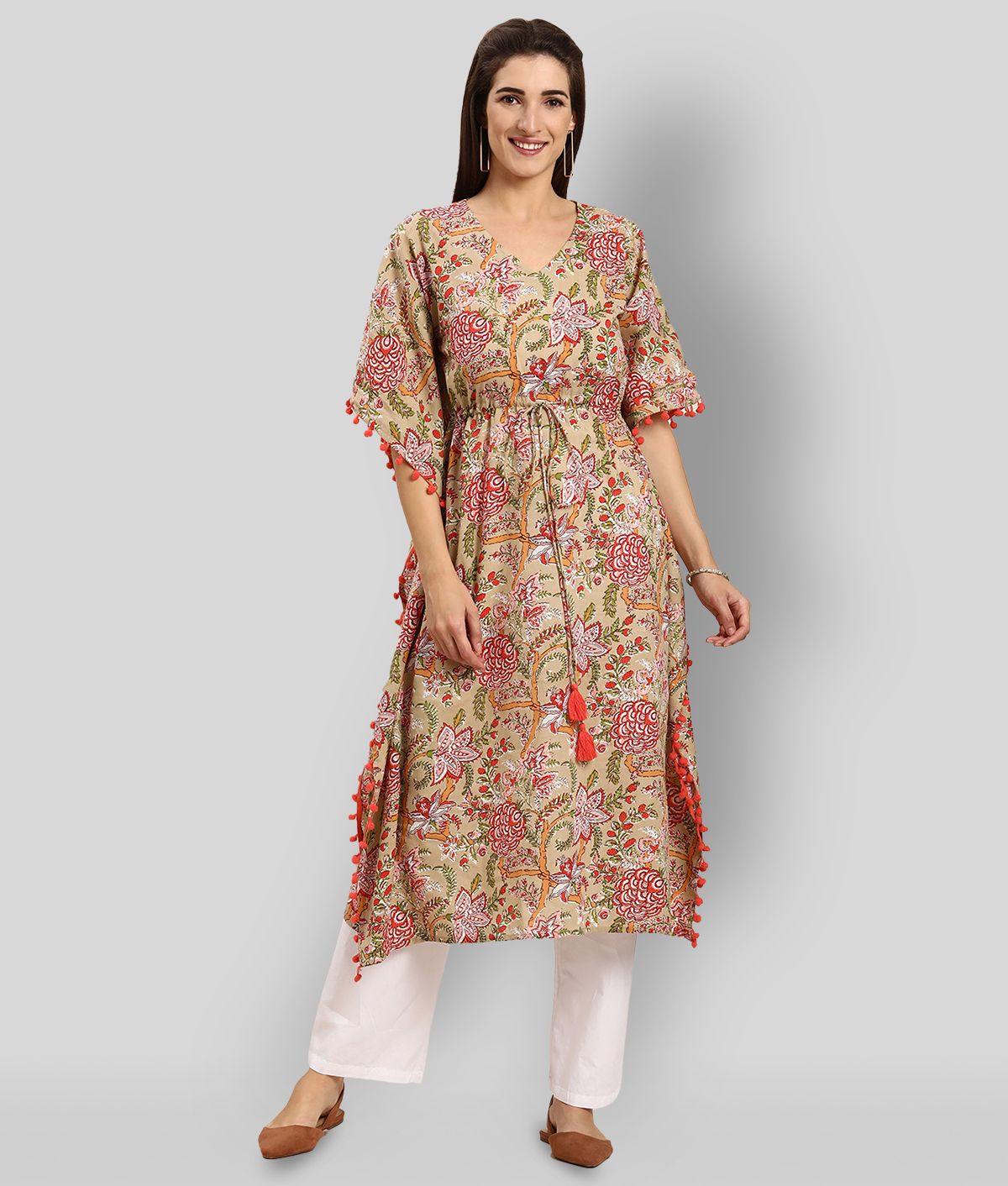 Beige Cotton Women's Kaftan Kurti 